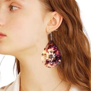Leather Dark Florals Fall Teardrop Drop Earrings
